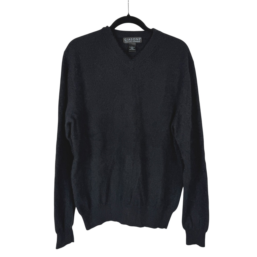 Giasone V-Neck Sweater Mens Large Black 100% 2-Ply Cashmere Knit Pullover